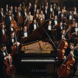 Vorschaubild A fotorealistic of a classic orchestra, musicians wearing black tuxedos clarinets, strings, trumpets, bassoons, one grand piano, flutes, double bass