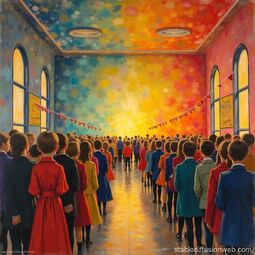 Vorschaubild Stable Diffusion: A wallpaper announcing a school party, only pupils, late jawlensky Style